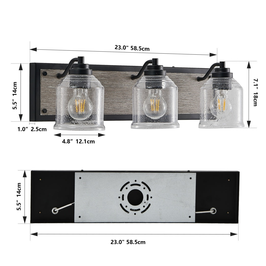 3-Light Farmhouse Vanity Light Fixture - Black & Wood Grain
