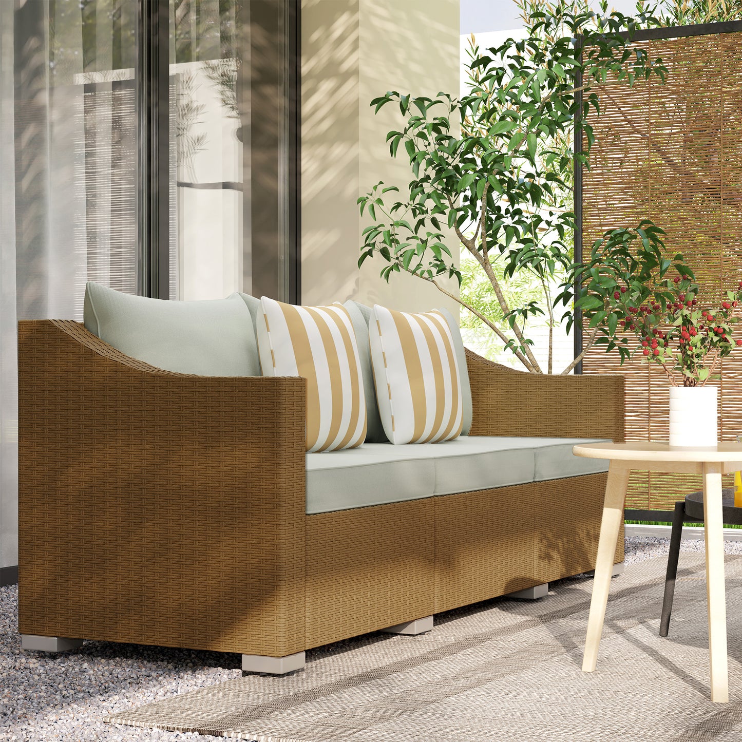 Light Gray Rattan Wicker 3-Seater Outdoor Sofa with Cushions