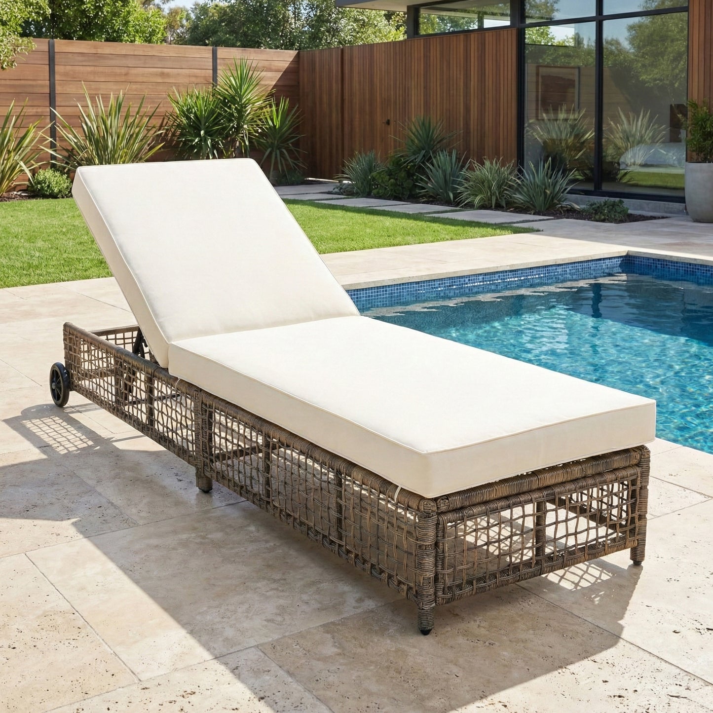 Outdoor Lounge Chair with 5-Position Backrest and Cushion - Beige