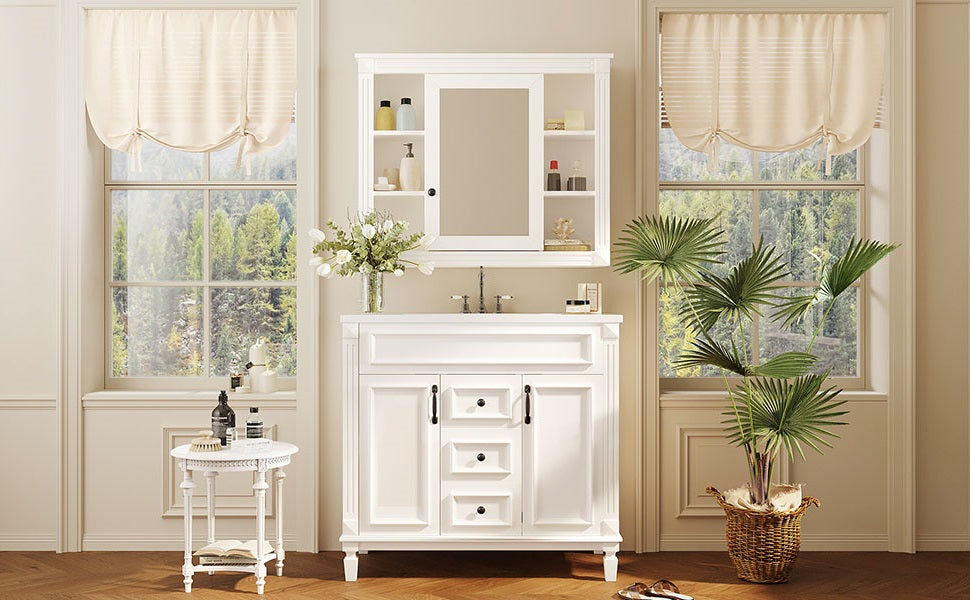 36'' Modern Bathroom Vanity with Sink & Mirror Cabinet - White