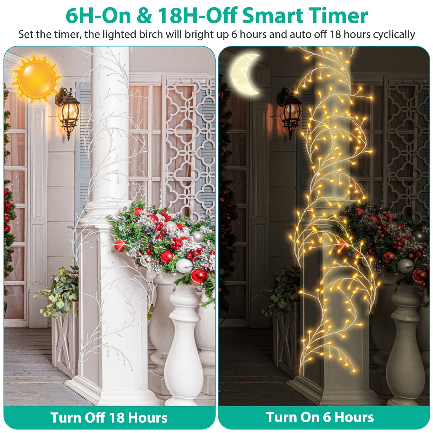 Lighted Birch Garland with 144 LEDs, 8 Modes, Waterproof, 7.87ft