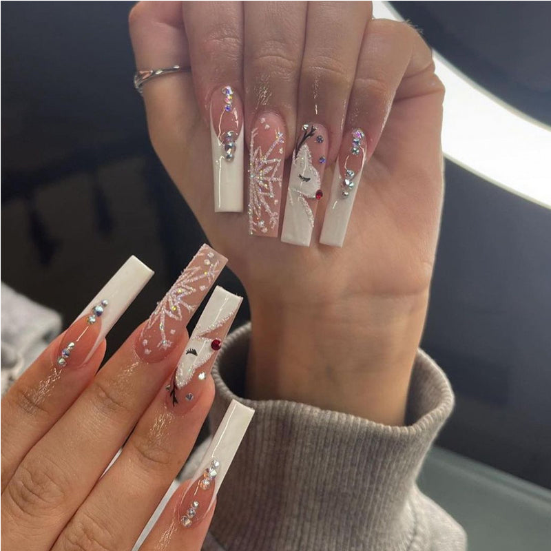 24-Piece Diamond Snowflake Press-On Nails - Long Square Pink Fake Nails