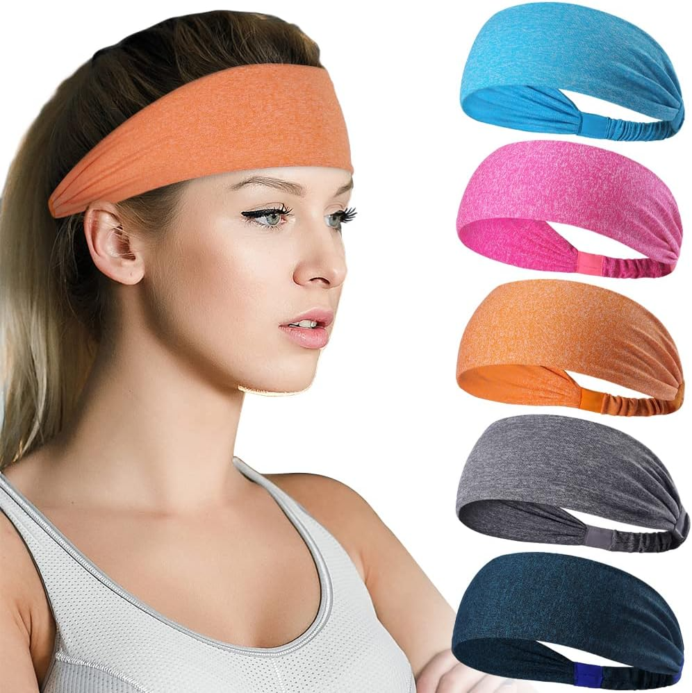 5 Pack Sports Headbands for Men & Women - Non-Slip Sweatbands