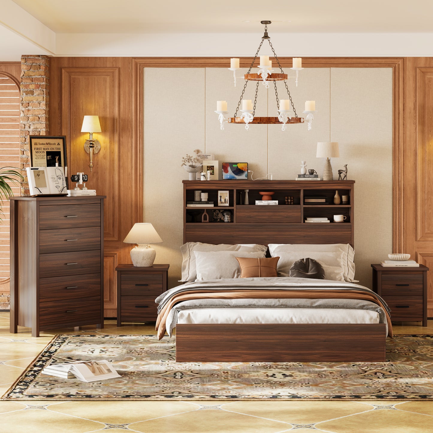 4PCS Bedroom Sets, Wooden Queen Size Bed Frame With Storage Headboard