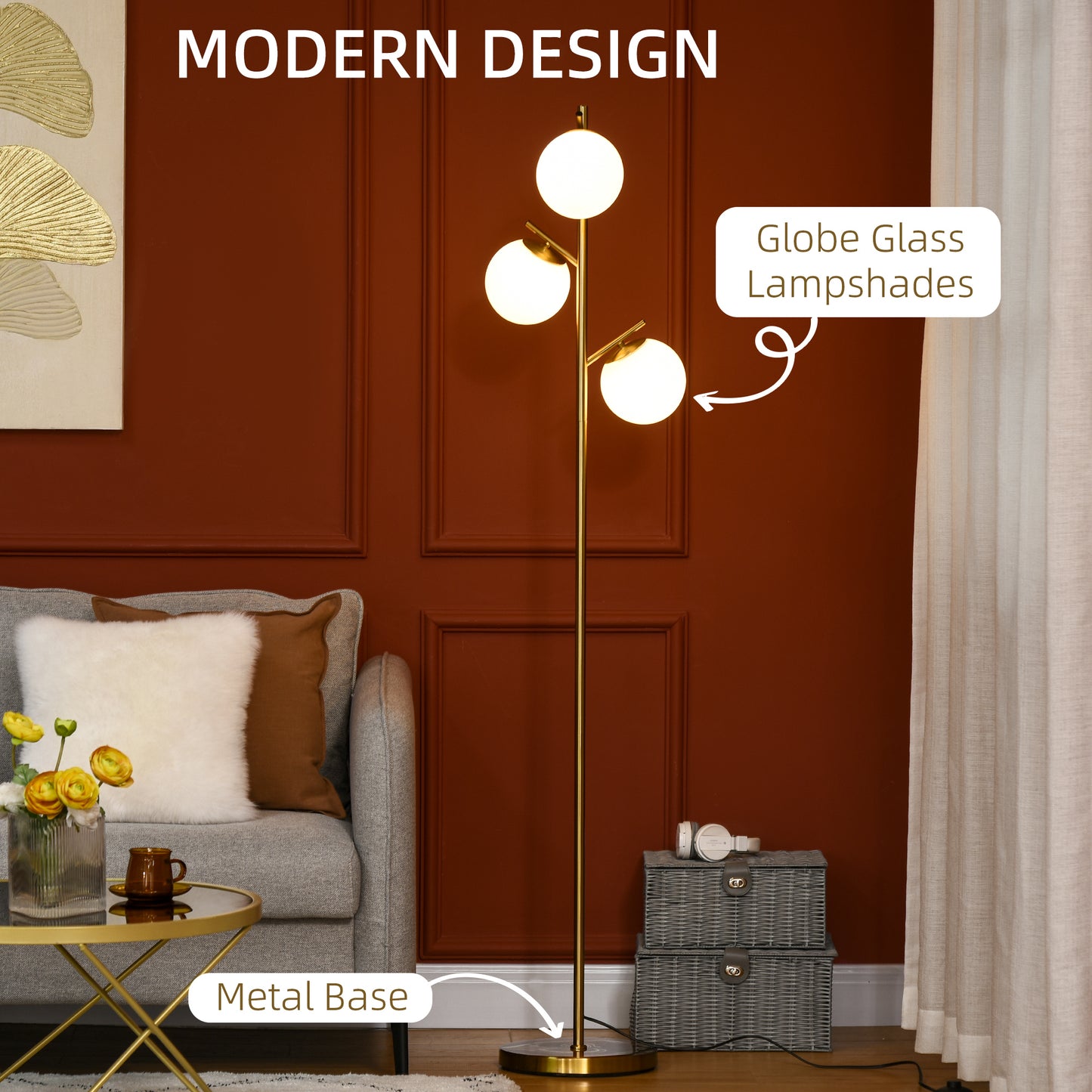 Modern 3-Light Floor Lamp with Globe Shades - Gold Tall Standing Lamp for Living Room