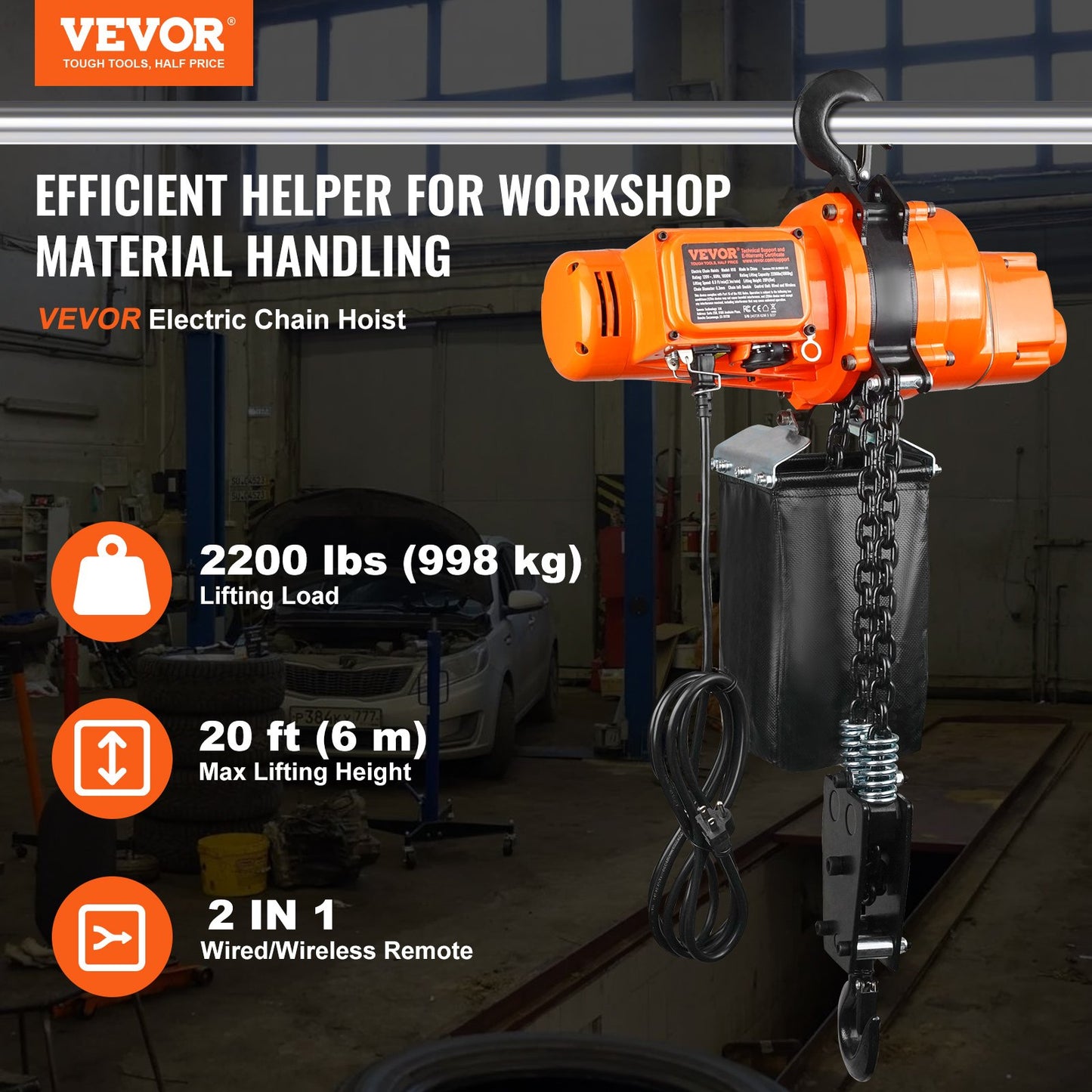 Electric Chain Hoist 2200 lbs Load Capacity, 20 ft Lifting, Single Phase, Orange