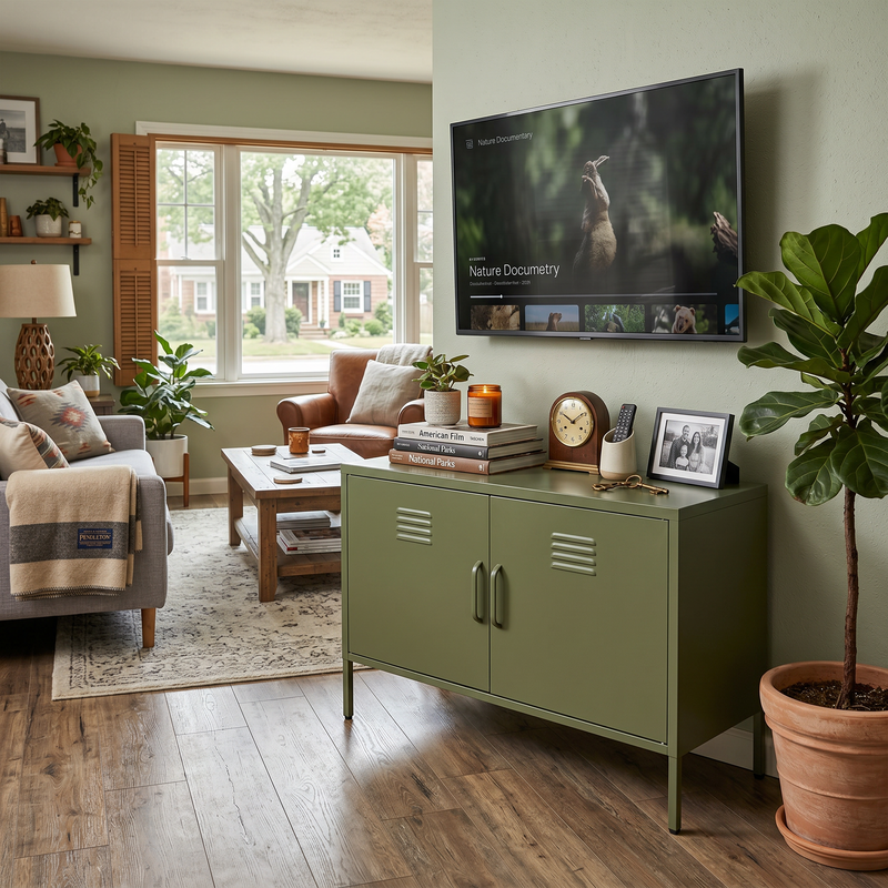 Green Metal Storage Cabinet with Legs & Adjustable Shelf