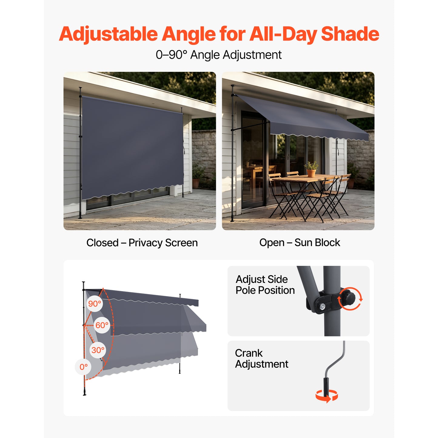 Manual Retractable Patio Awning 138" Sunshade Shelter for Garden Balcony