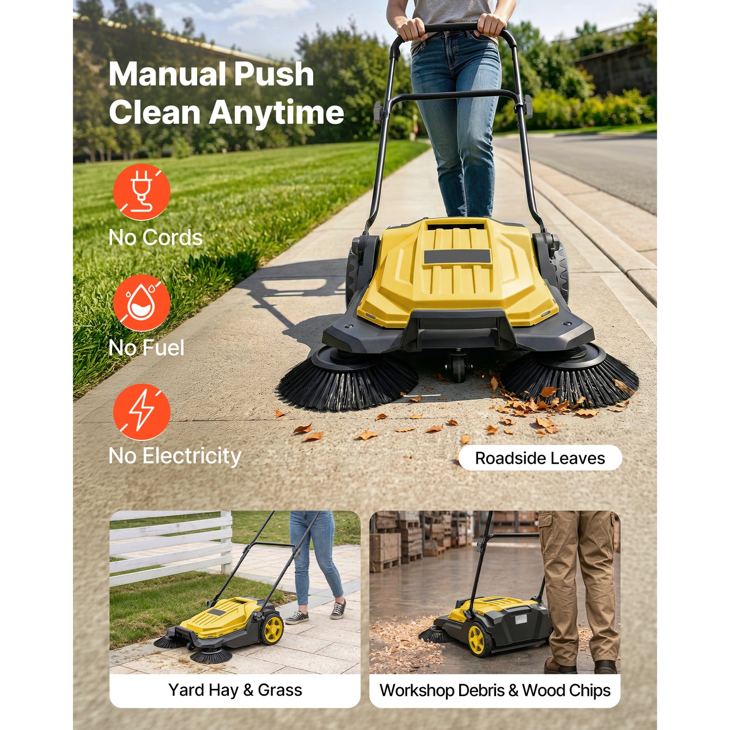 Manual Walk-Behind Floor Sweeper, 25.6 Inch Width, Waste Container, Foldable Handle - Yellow