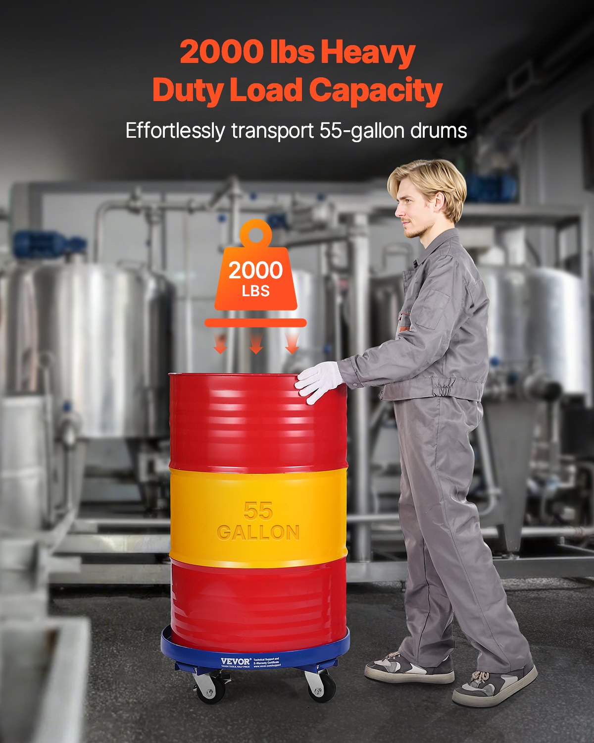 Heavy Duty 55 Gallon Drum Dolly Cart - 2000 lbs Capacity with 4 Swivel Casters, Blue