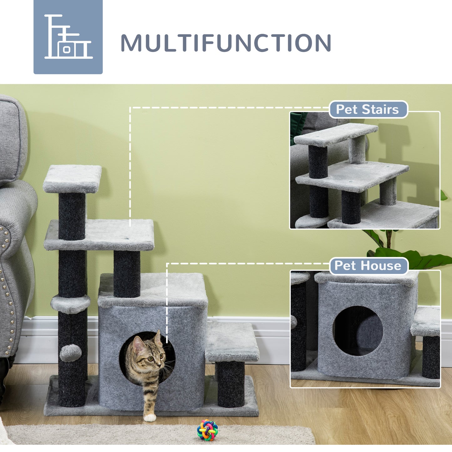Adjustable 3-4 Step Cat Stairs with Scratching Post & Toy Ball - Gray