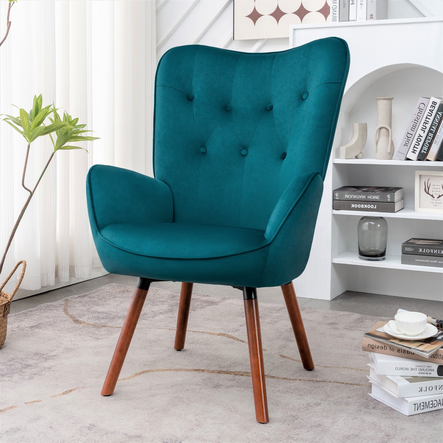 Mid-Century Modern Wingback Accent Chair, Button-Tufted Polyester