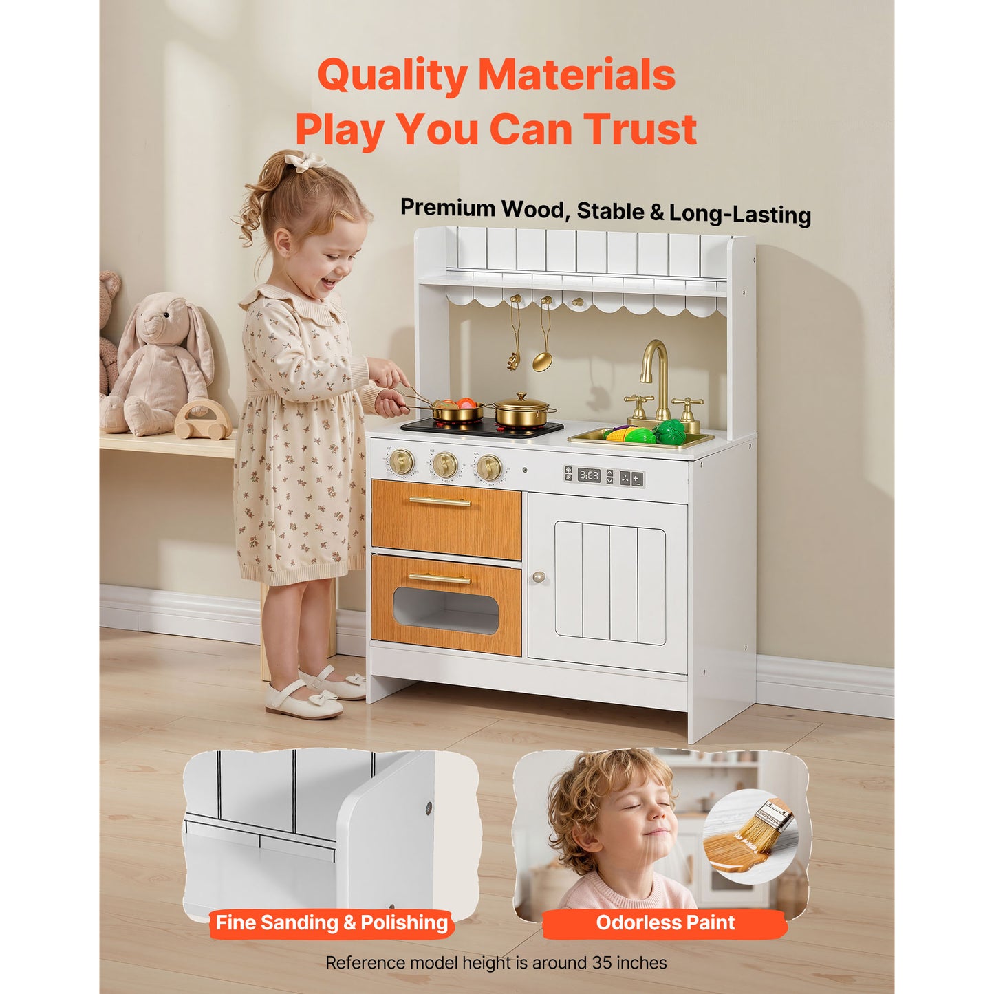Wooden Play Kitchen Set for Kids with Lights & Sounds, Pretend Toy Playset for Toddlers 3-8