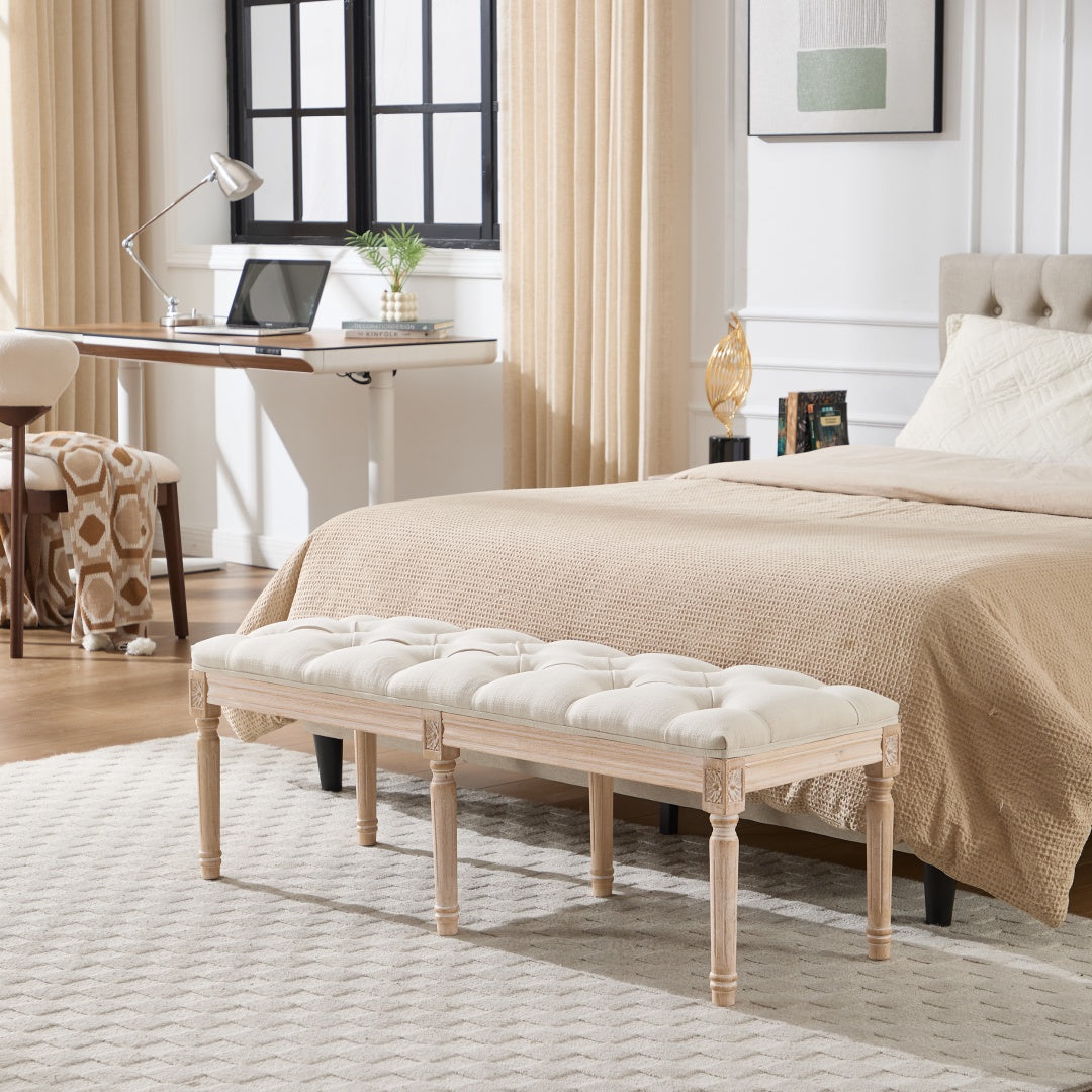 French Vintage Tufted Bedroom Bench - Cream Upholstered Ottoman
