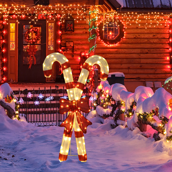 Lighted Candy Cane Christmas Decorations with Red Bow – 100 LED