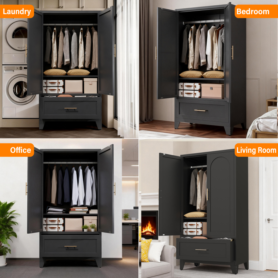 60" Tall Metal Wardrobe Cabinet with Drawer & Hanging Rod - Black