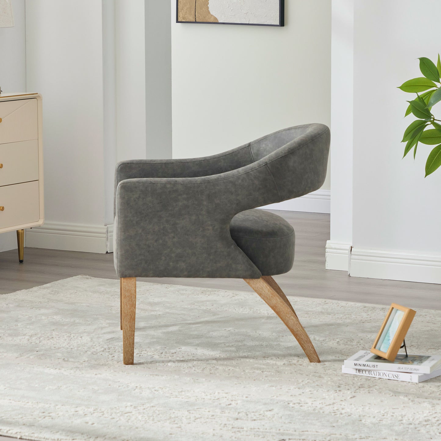 Modern Gray Upholstered Accent Armchair with Rubberwood Legs