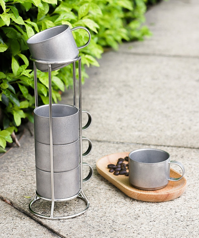 Outdoor Double-Deck Stainless Steel Coffee Cups Set with Storage Rack - Anti-Scald Insulated Drinkware