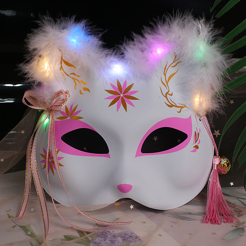Halloween Party Luminous Feather Fox Mask Two-Faced Cat Face Mask