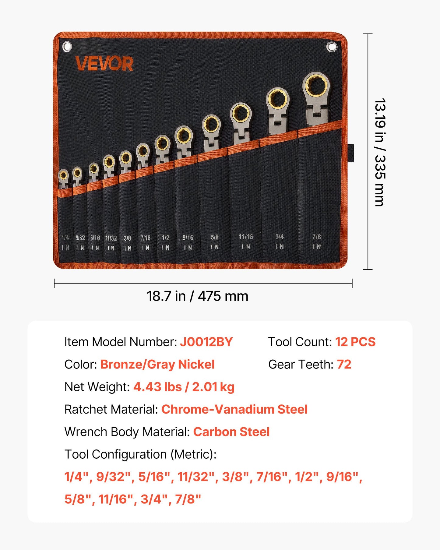 12-Piece SAE Flexible Ratcheting Wrench Set - Cr-V Steel Household & Automotive Tools