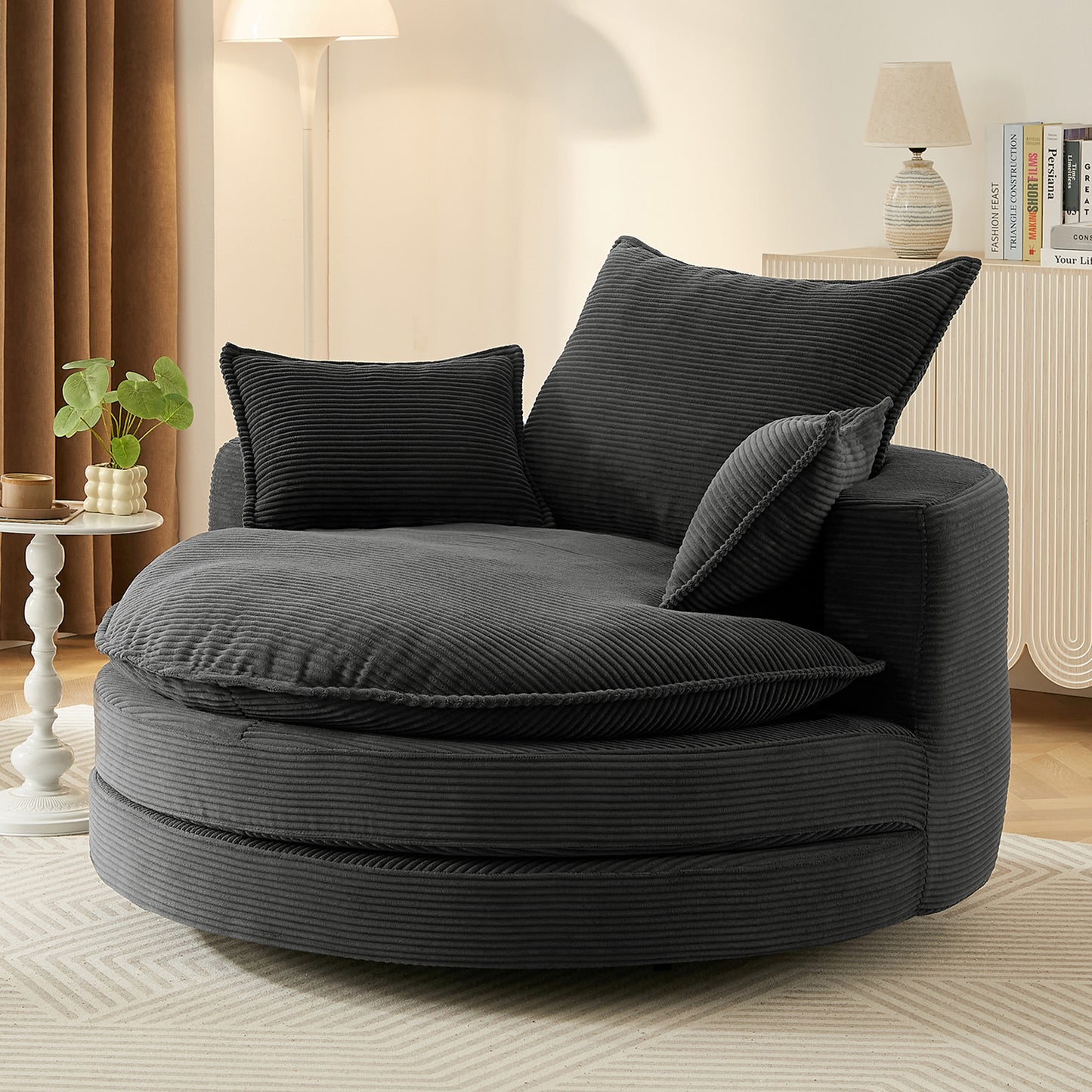 Oversized 360° Swivel Chair with Dual-Layer Cushions - Black