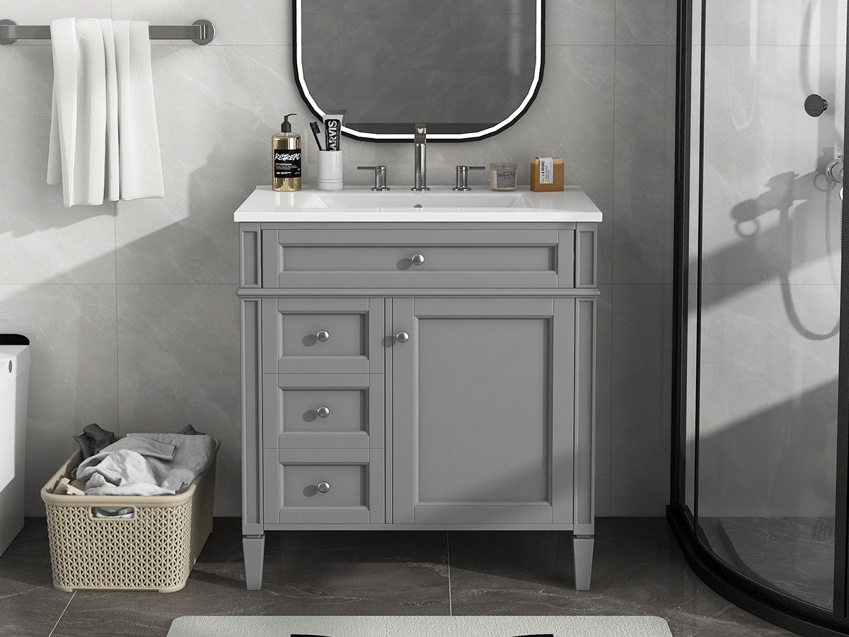 30'' Modern Bathroom Vanity with Sink & 3 Drawers - Grey