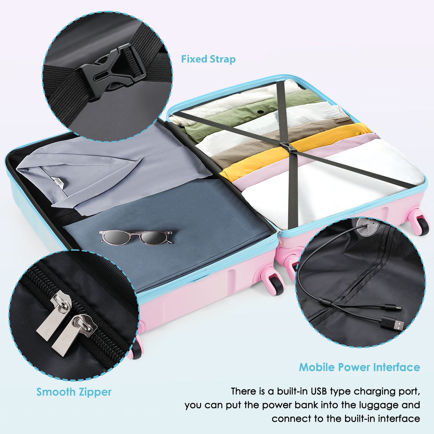20-Inch Luggage Set with USB Port - 3-Piece Hard Shell in Blue & Pink