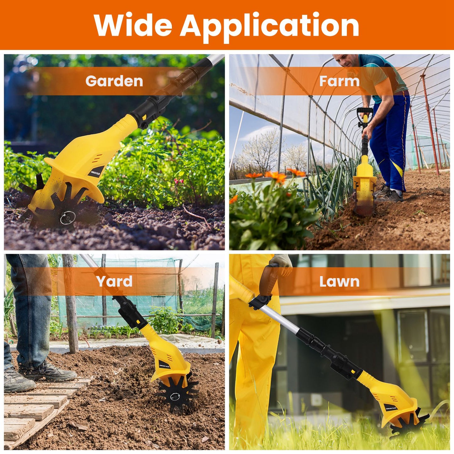 Cordless Electric Garden Tiller Cultivator 20V, 3.93in Width, 250RPM, Yellow