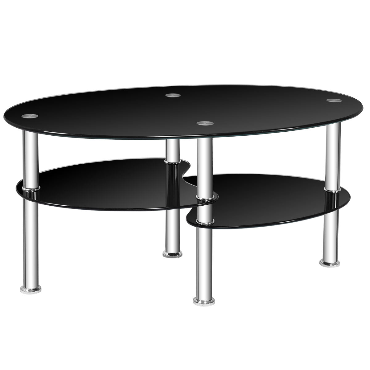 Oval Tempered Glass Coffee Table with 2 Shelves - Black