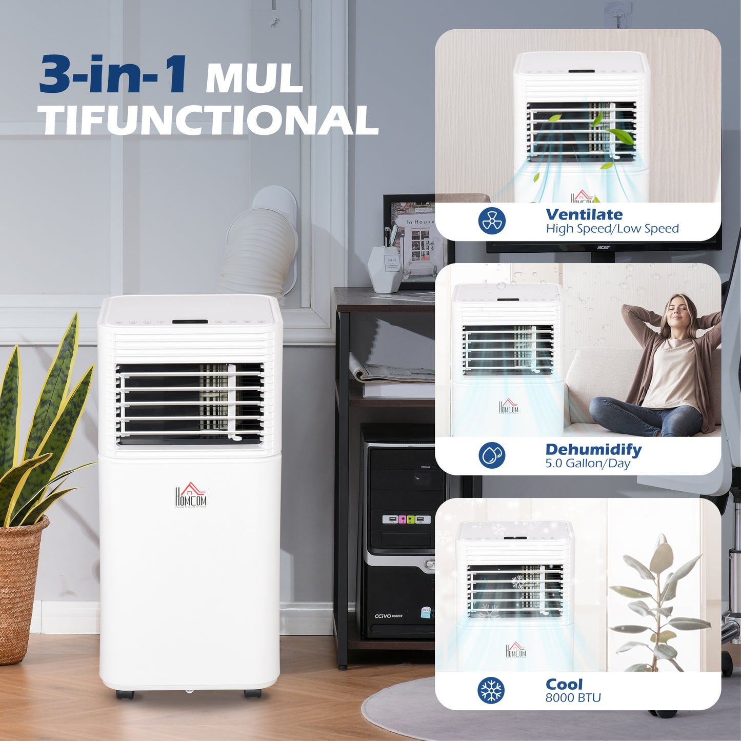 Portable 8000 BTU Air Conditioner with Remote, Dehumidifier & Timer - White