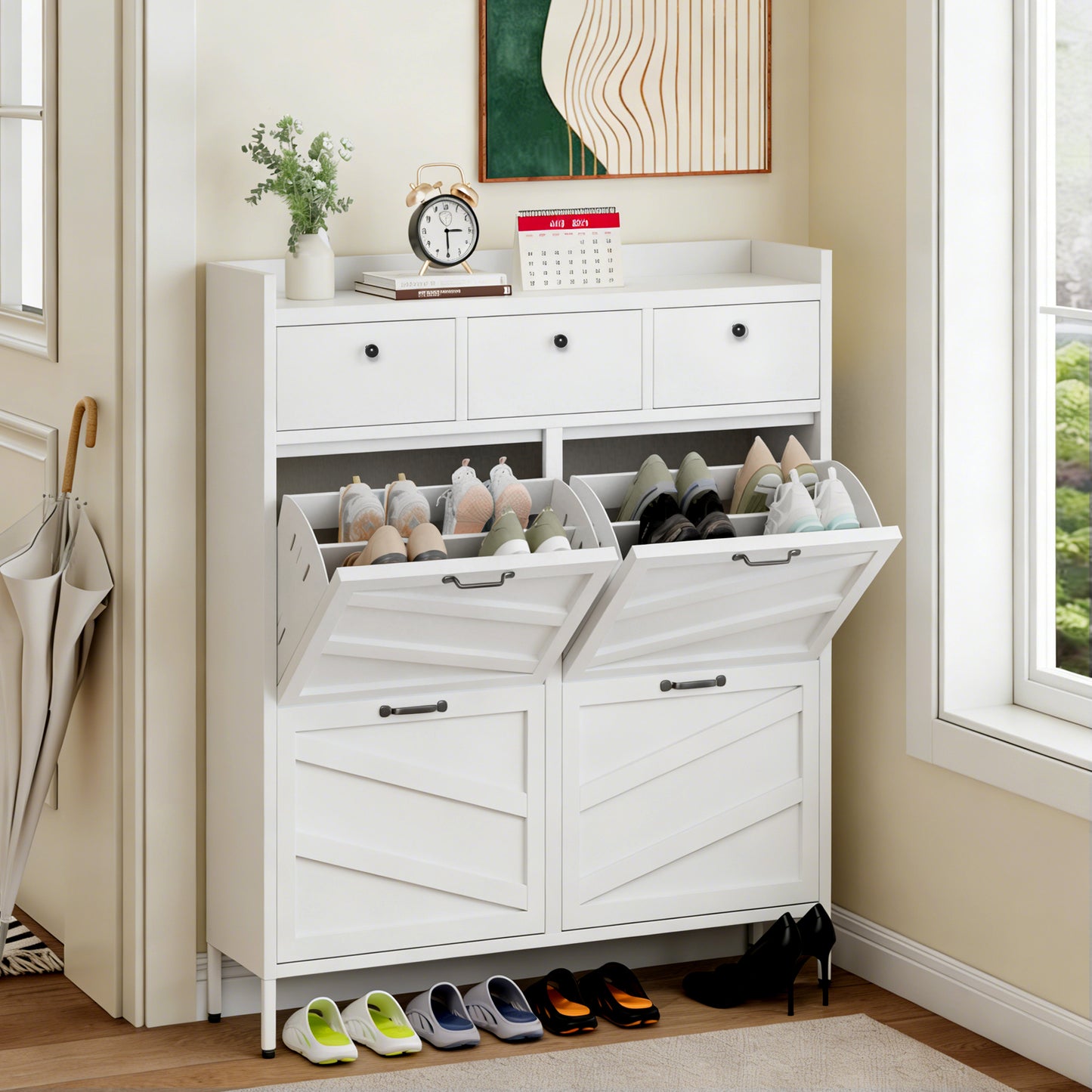 Metal Shoe Cabinet White - 4 Flip Drawers 3 Drawers, Slim 11.8 D