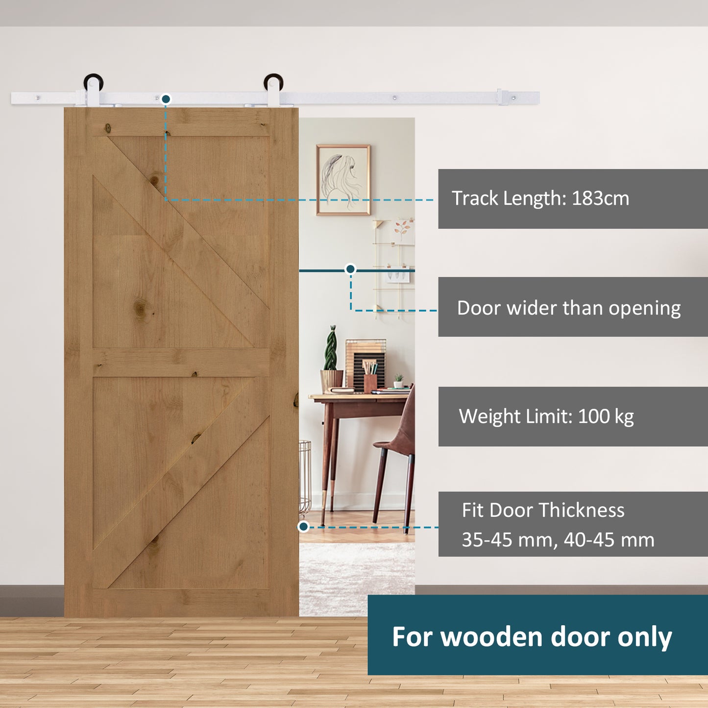 6-Piece Rustic Interior Sliding Barn Door Hardware Kit - White, 980x165x70mm