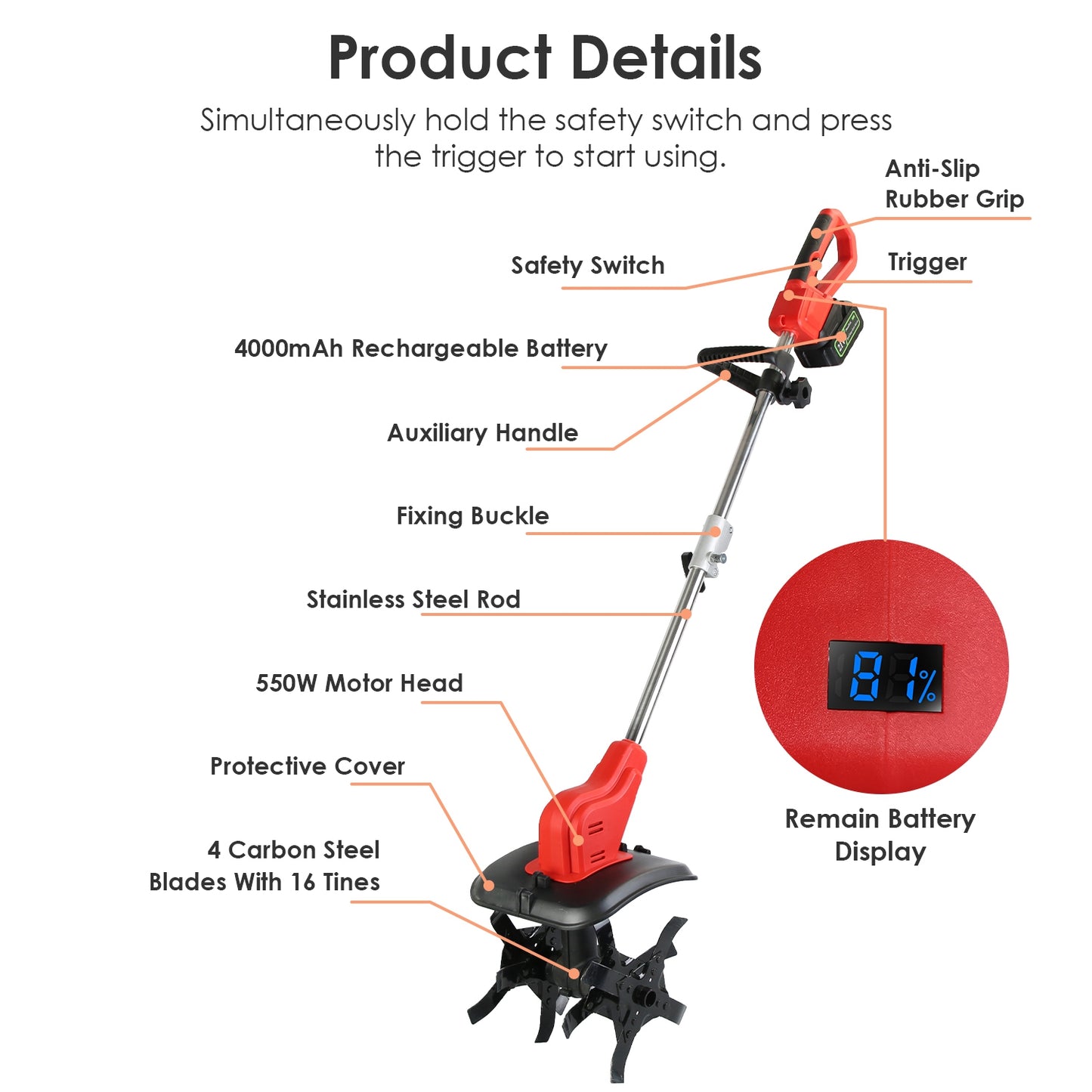 Cordless Electric Garden Tiller with 16 Steel Tines 9-Inch Width 550W