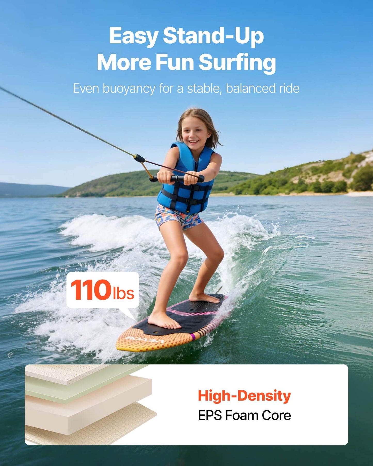 45-Inch Wakesurf Board with EPS Foam Core & EVA Non-Slip Pad - Black