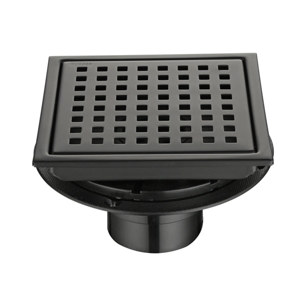 6 Inch Square Shower Drain with Removable Grate Stainless Steel Hair Strainer Matte Black