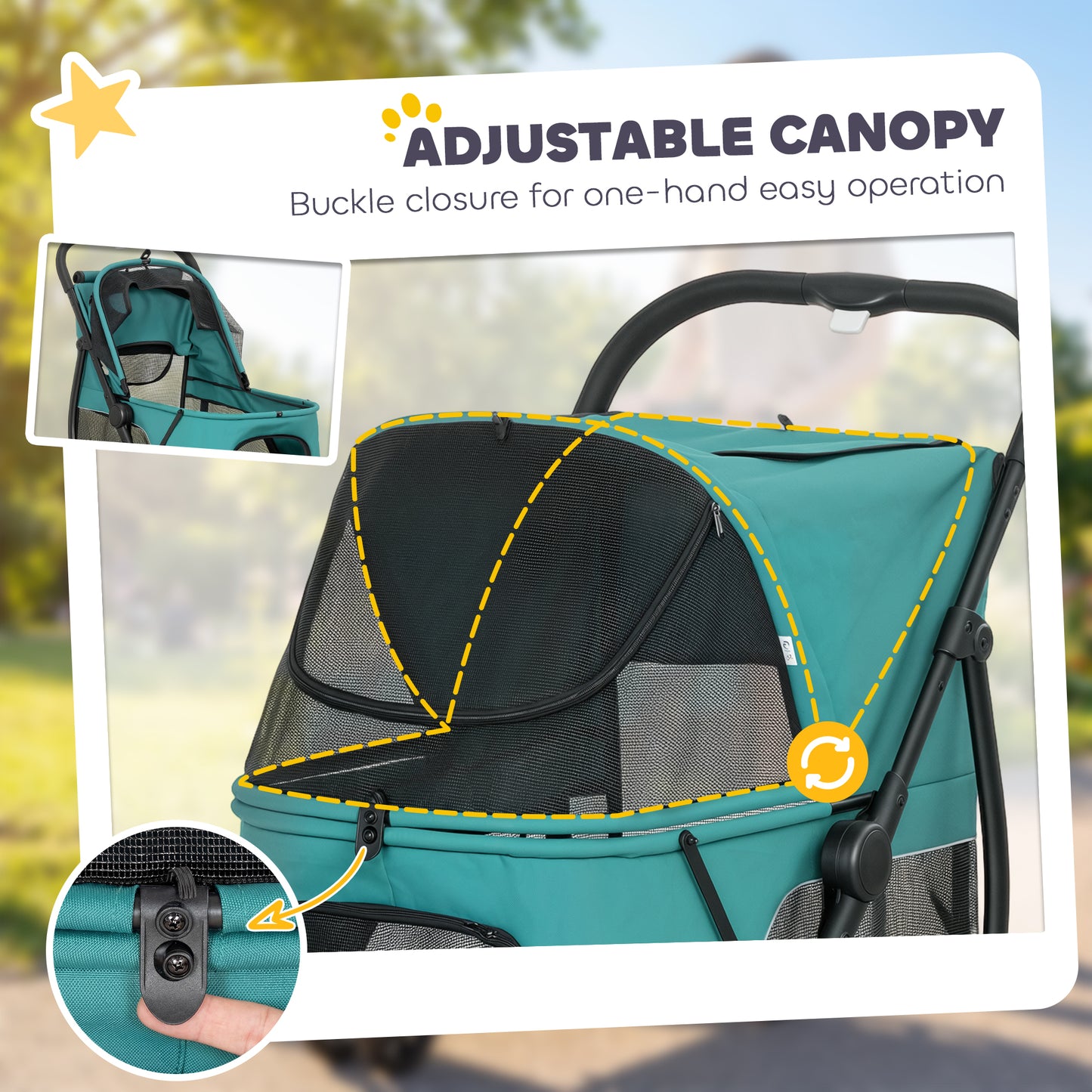 3 Wheel Pet Stroller for Medium Dogs with Quick Fold Mesh Window & Washable Cushion - Dark Green