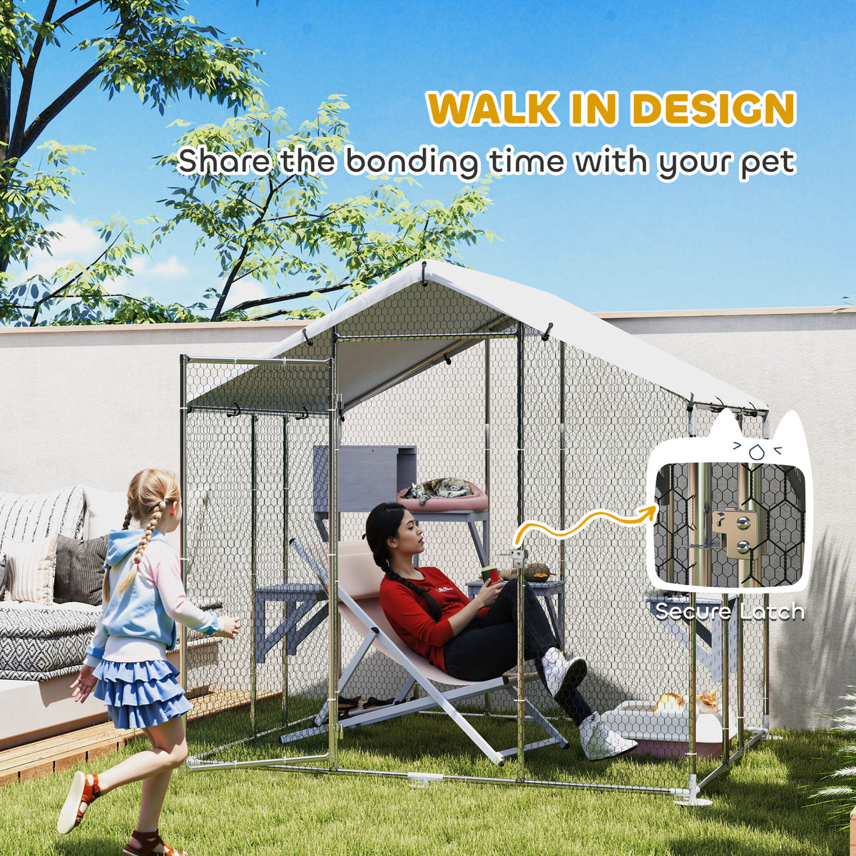Large Metal Outdoor Catio with Waterproof Cover & Resting Boxes - Silver, 1950x350x175 mm