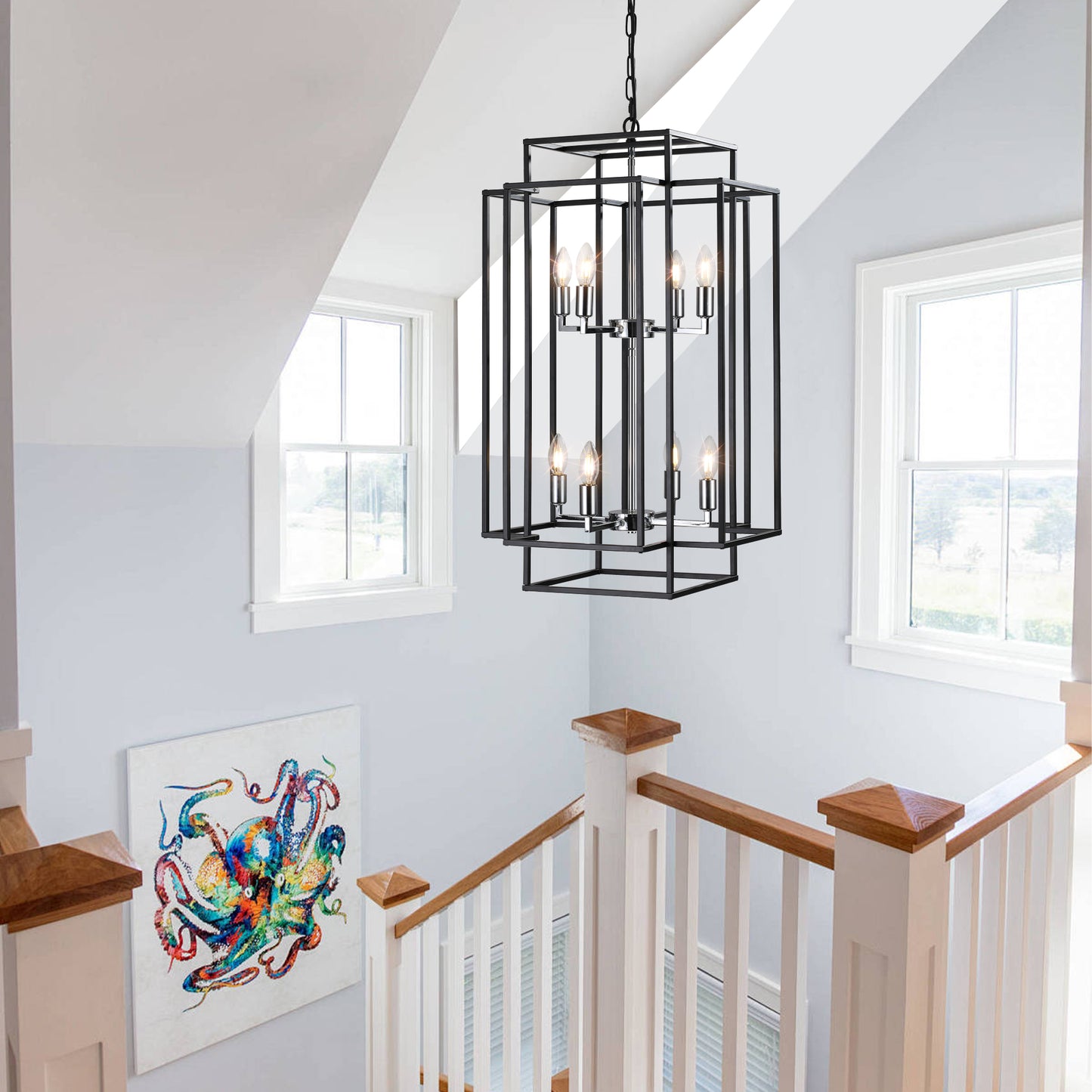 Modern 8-Light Black & Chrome Pendant Chandelier - Adjustable