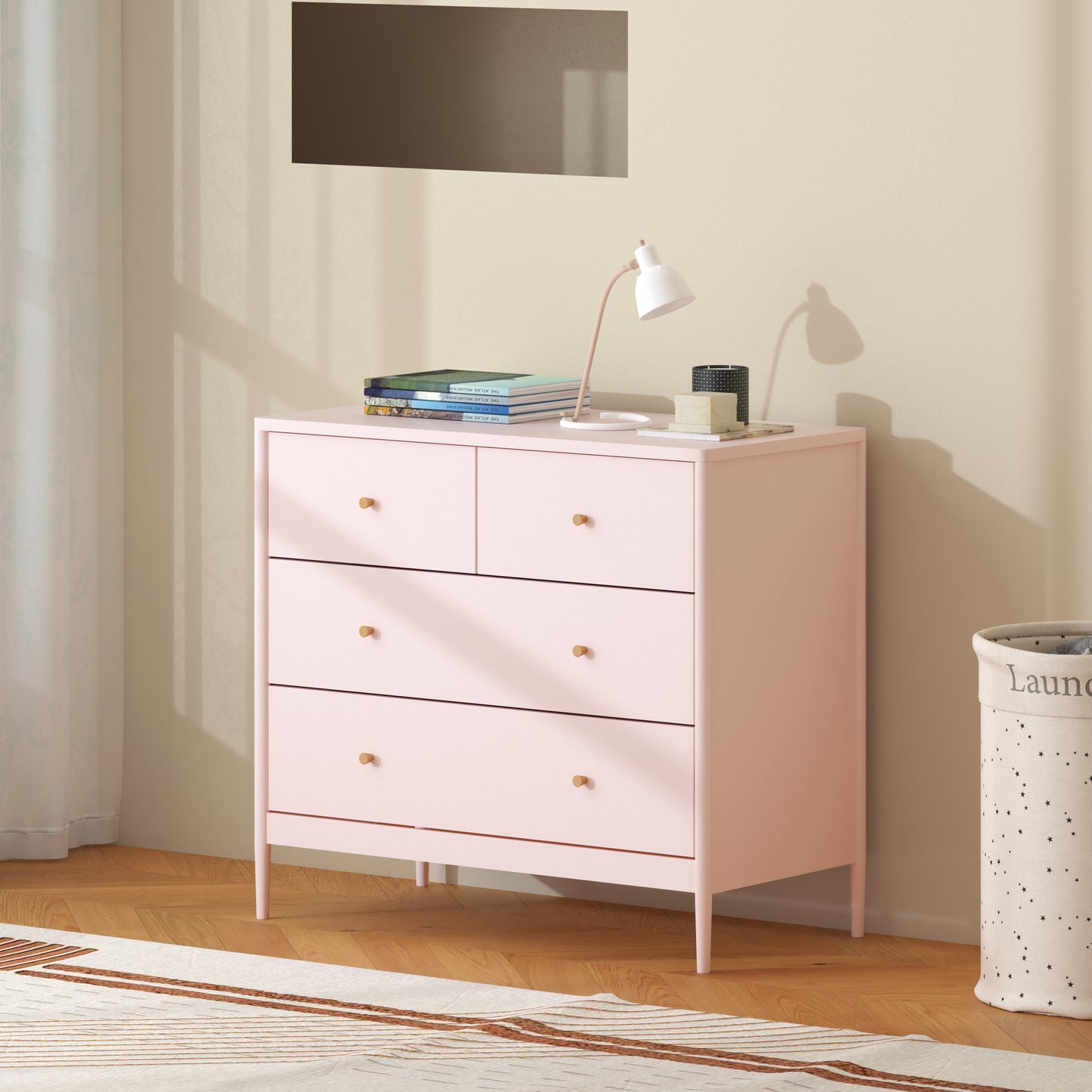 Pink 4-Drawer Wooden Kids Dresser - Modern Storage Cabinet