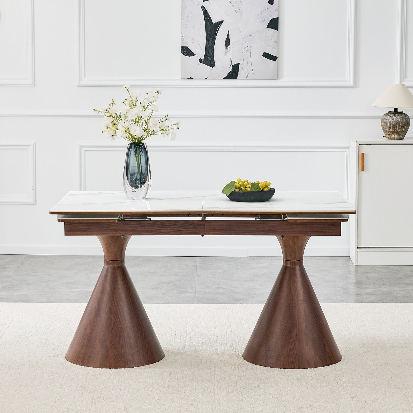 Extendable Dining Table with White Marble-Patterned Top