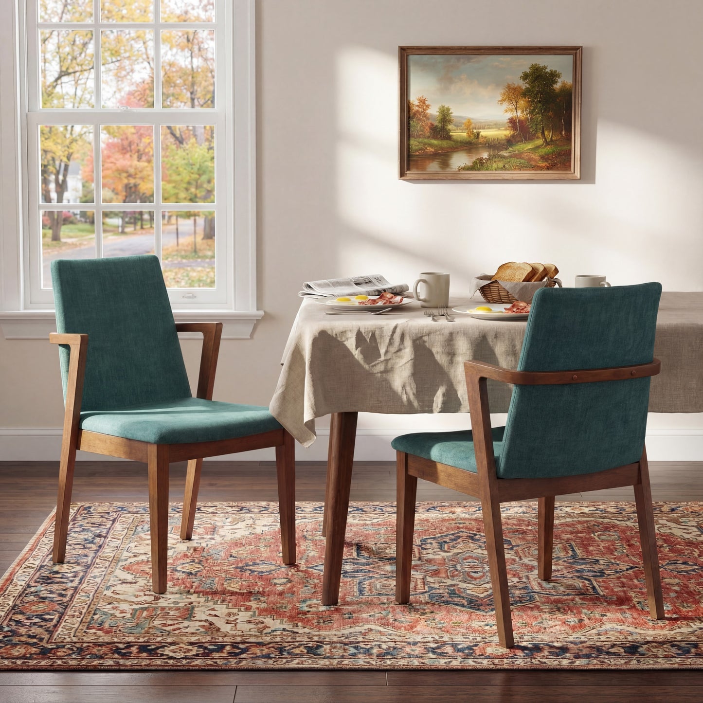 Mid-Century Modern Dining Chairs Set of 2 - Green Upholstered Armchairs