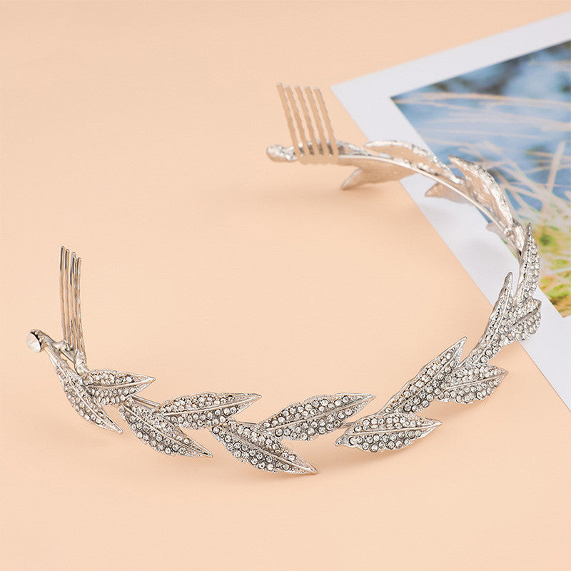 Leaf Crown Hairband with White Crystal - Silver