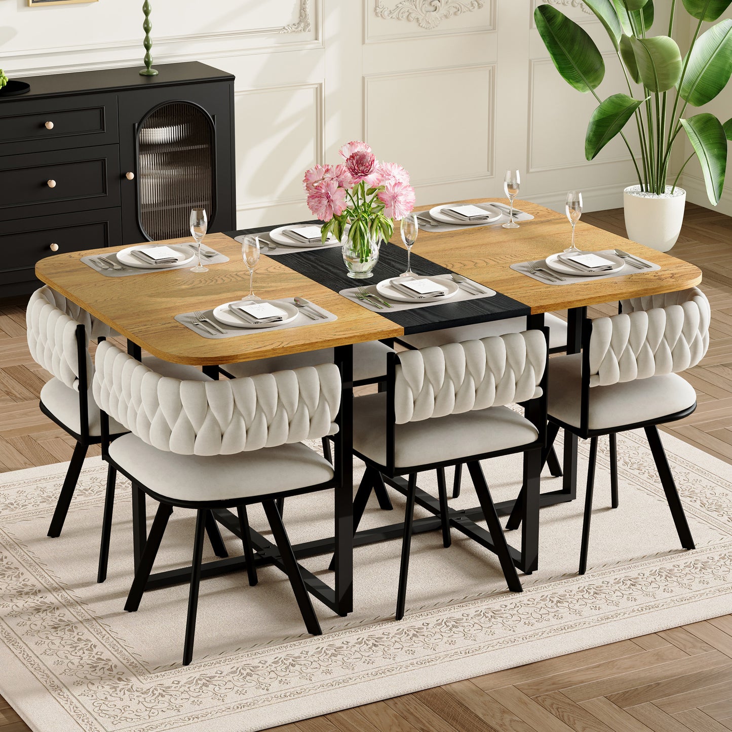 7-Piece Dining Table Set with Two-Tone Wood Top & Velvet Chairs