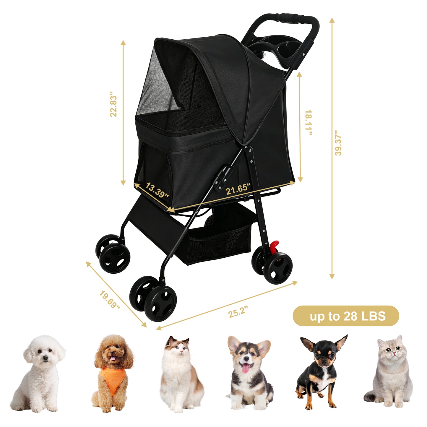Foldable Pet Stroller for Small Dogs and Cats - Black, 28 lbs Capacity with Safety Leashes & Mesh