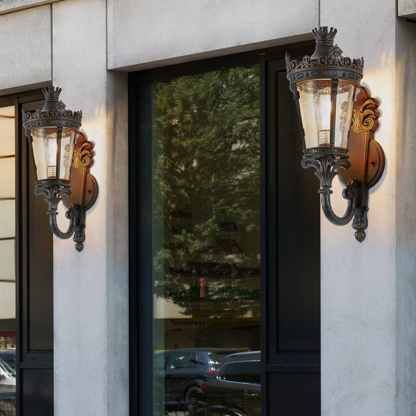 Vintage Outdoor Wall Lantern - Waterproof Exterior Sconce with Glass & Crown Top