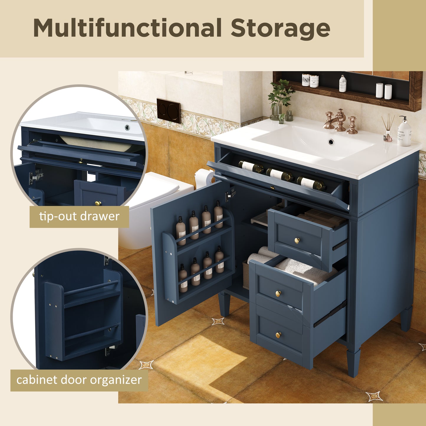 30'' Blue Modern Bathroom Vanity with Sink & Storage Cabinet