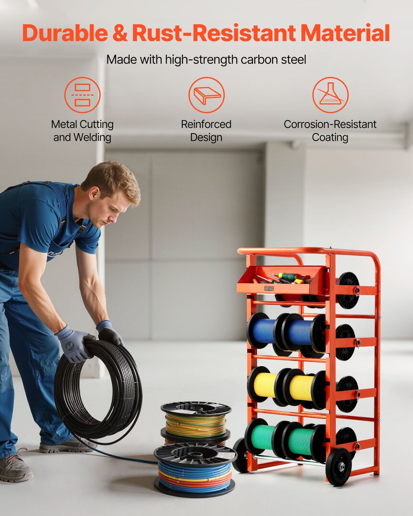 Wire Spool Rack with 11 Rods Cable Organizer Heavy Duty Storage Cart