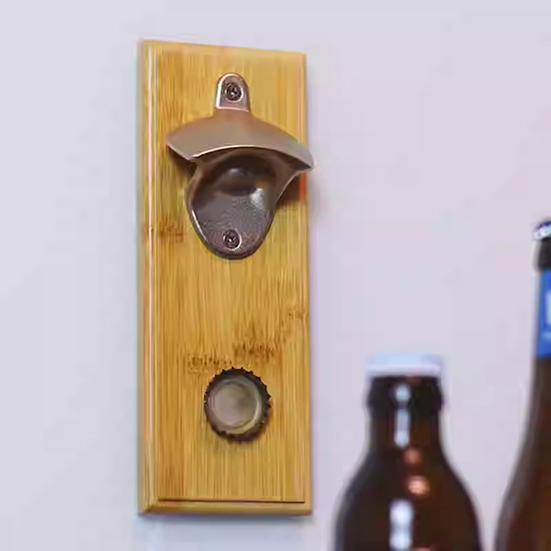 Magnetic Wall Bottle Opener with Wooden Finish - Modern Kitchen Decor