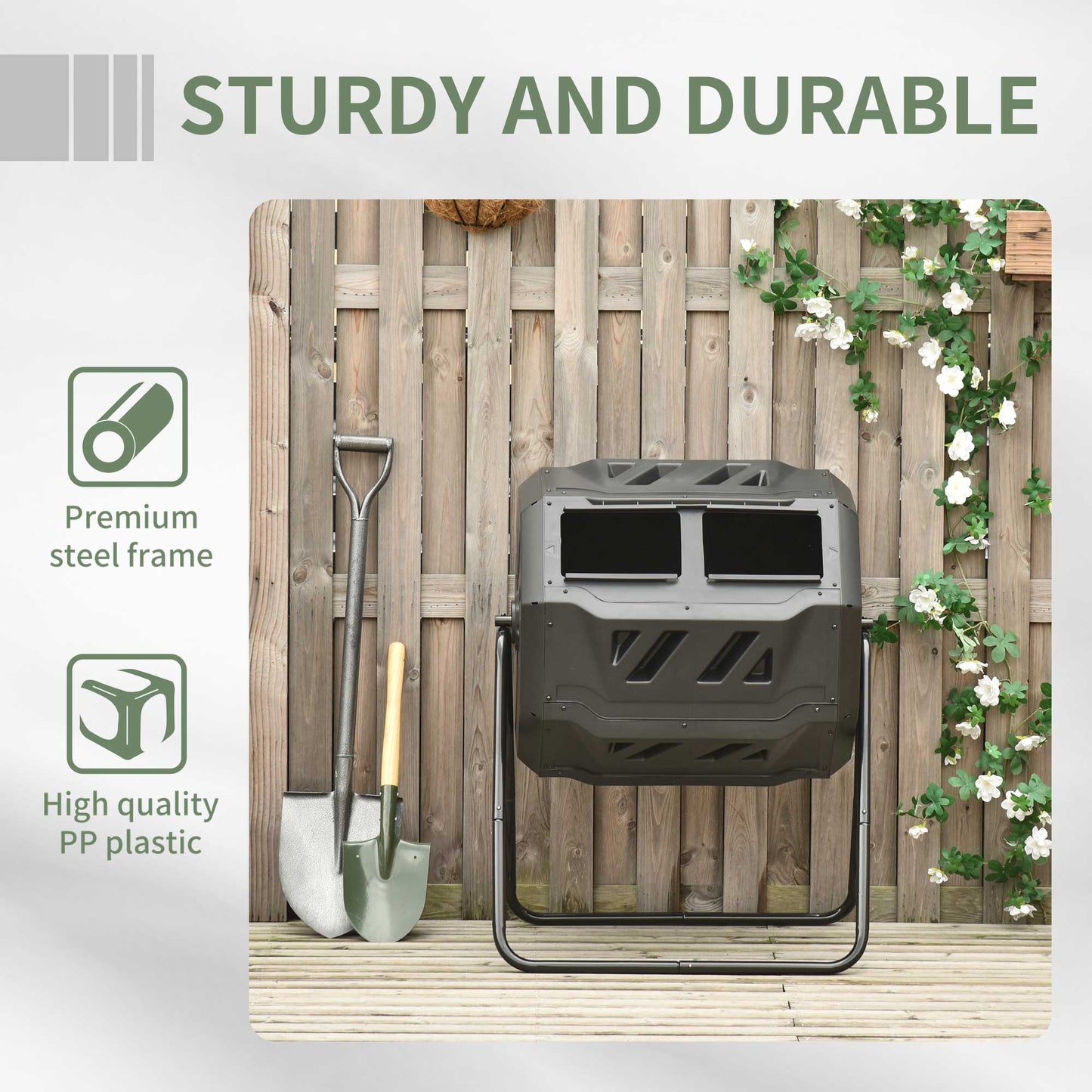 Outdoor Compost Bin 43 Gallon Dual Chamber Rotating Garden Tumbler - Green