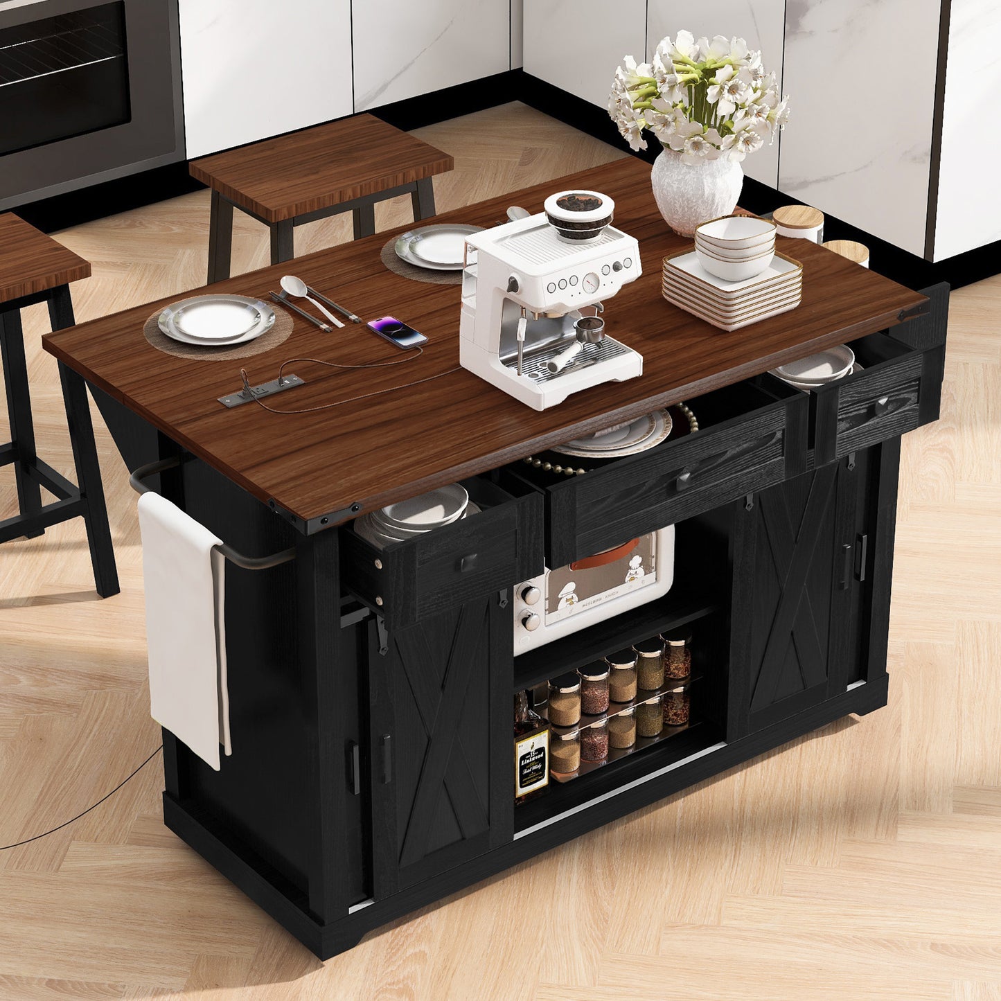 Farmhouse Kitchen Island with Storage & Rolling Wheels - Black